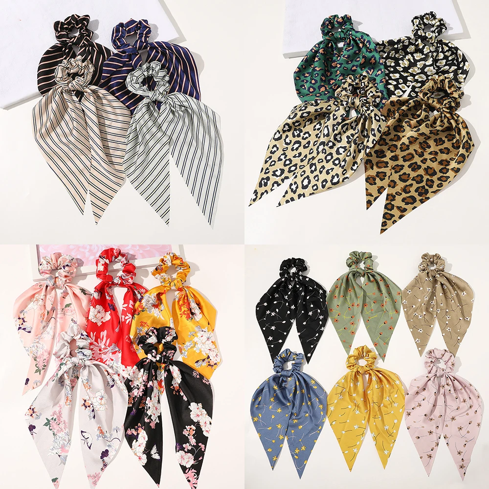 

Leopard Floral Print Women Streamer Hair Scrunchie Striped Polka Dot Elastic Bow Hair Tie Rope For Girls Sweet Scrunchies Band