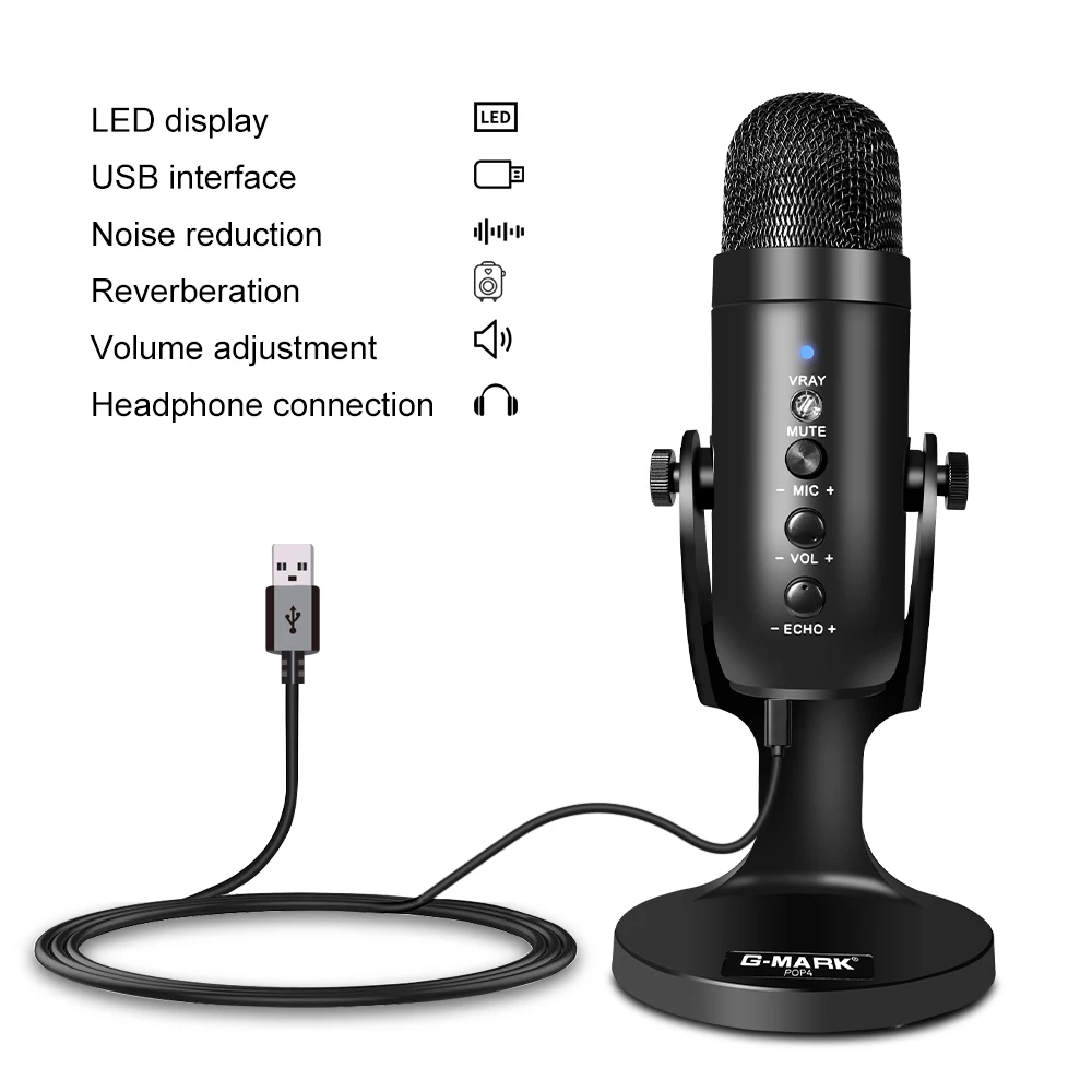 G-MARK USB Condenser Microphone For Computer Record Game Stream Podcast With Real-time Monitoring Headphone wireless microphone