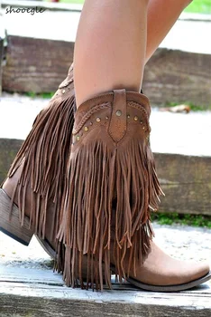 

Bohemia Style Motorcycle Boots Women Suede Leather Med Heels Mid-calf Tassel Boots Fashion Autumn Cowboy Shoes Zapatos De Mujer
