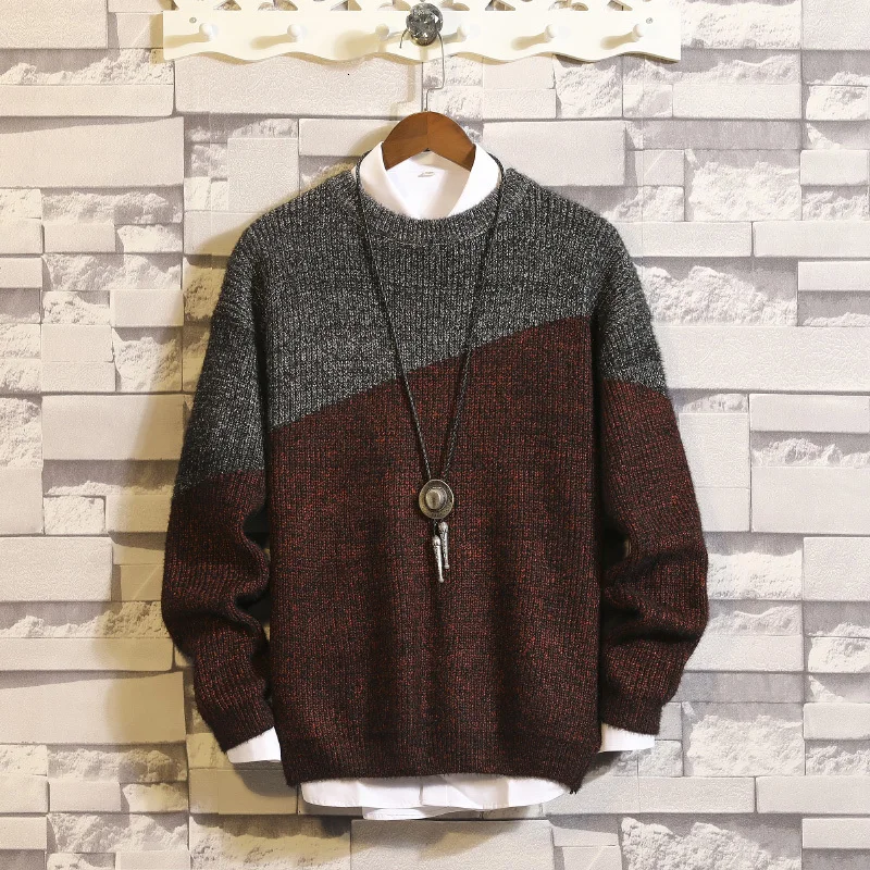 Мужской свитер с круглым вырезом, теплый, модный, контрастный, цветной, сшитый, Повседневный, вязаный пуловер, мужской свитер с длинными рукавами, мужская одежда - Цвет: Darkgrey