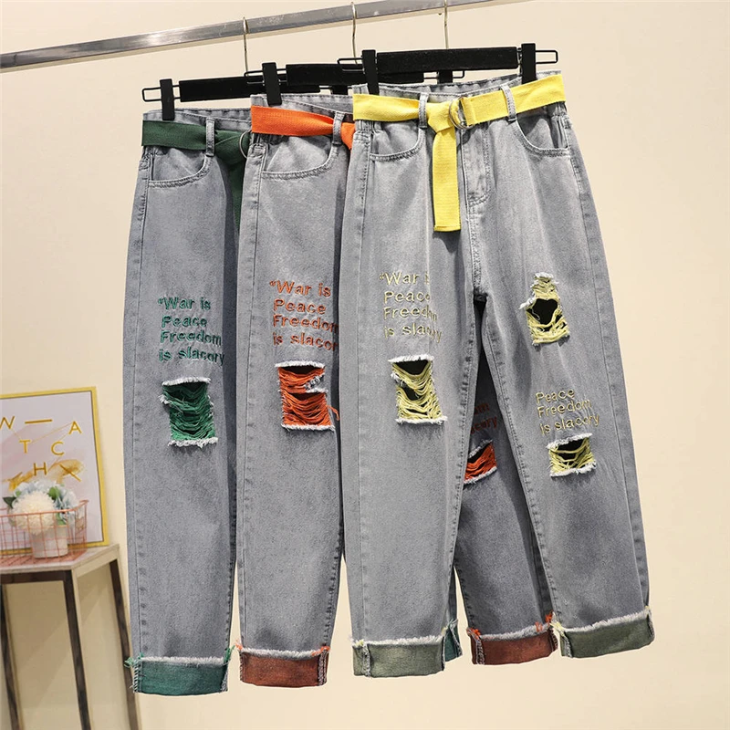 

Vogue Embroidery Letters Summer Womens Denim Jeans Holes Streetwear Casual BF Jeans Feminino Harem Pants Denim Trousers SL526