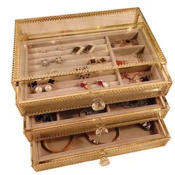 

European Light And Luxurious Gold Jewelry Collection Box, Ring Necklace Jewelry Box, Glass Drawer, Velvet Box, Table Top