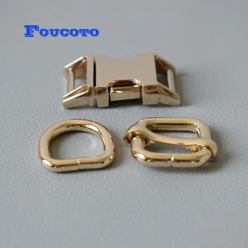 

10 sets gold metal buckles D rings adjustable buckle slide buckle hardware 15mm webbing straps DIY dog collar sewing accessories