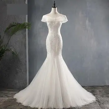 

Ezkuntza 2021 New Mermaid Wedding Dress Boat Neck Sweep Train Lace Up Mermaid Trumpet Wrap Fishtail Bridal Dress