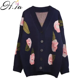 

H.SA Women Sweater Jacket Coat Knit Casual Sweater Cardigans Floral Print Singel Breasted Coat 2019 Loose Cardigan Mujer