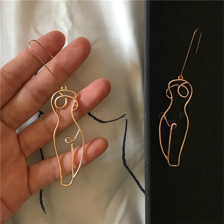HUANZHI New Popular Hollow Line Outline Abstract Human Body Pendant Drop Metal Earring for Women Girl Party Simple Jewelry