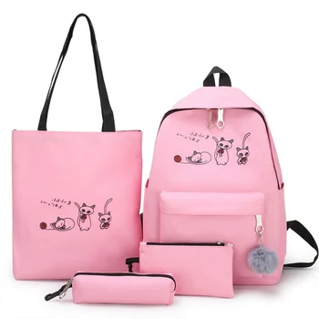 

4pcs/Set School bag Student Backpacks for Girls wallet Teenagers Female Bagpack Cute Cartoon cat Canvas Satchel knapsack