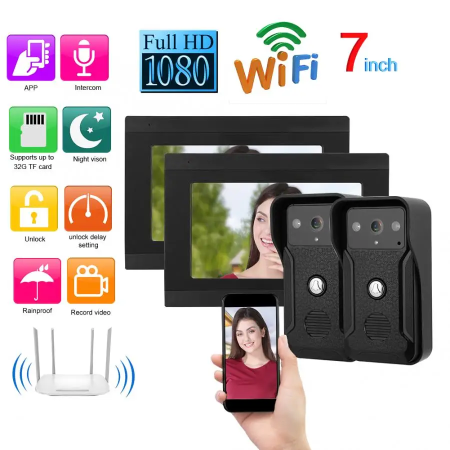 7 дюймов проводной Wifi 2 камеры и мониторы 1080P видео домофон ночного видения домофона 100-240 в дверной звонок Водонепроницаемый