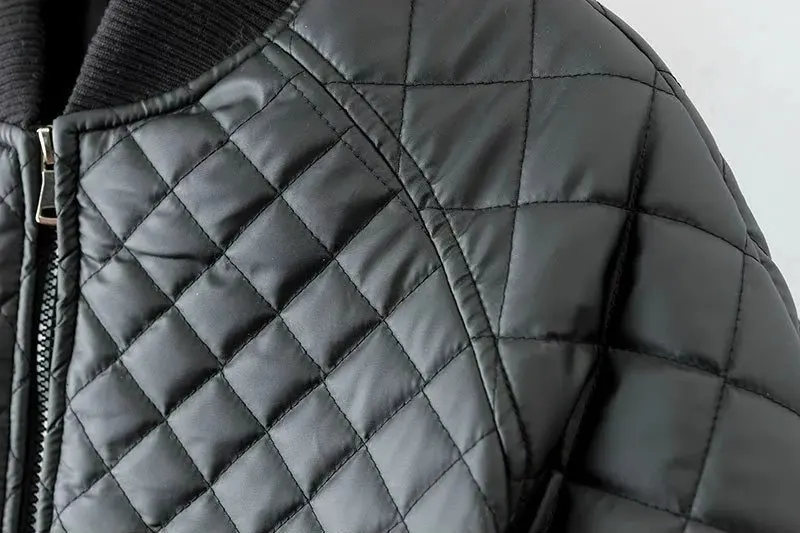 

2018 Autumn And Winter New Style Western Style Black Rhombus Long Sleeve Padded Zipper Faux Leather Cotton Overcoat WOMEN'S Top