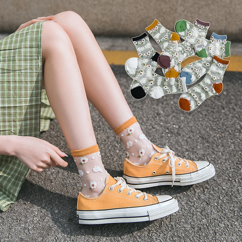 Colorful Daisy Ultra Sheer Floral Socks Women Best Lace Ruffle Cozy Elastic Mesh Frill Trim Transparent White Ankle | Женская одежда