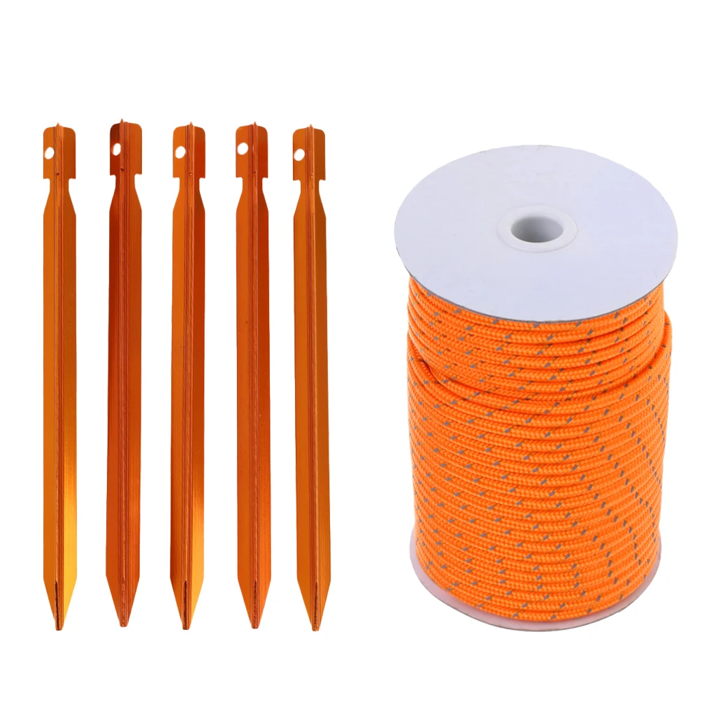 50m Guy Line Ropes Strong Paracord Tent Camping+ 5x Tent Stakes Pegs Orange