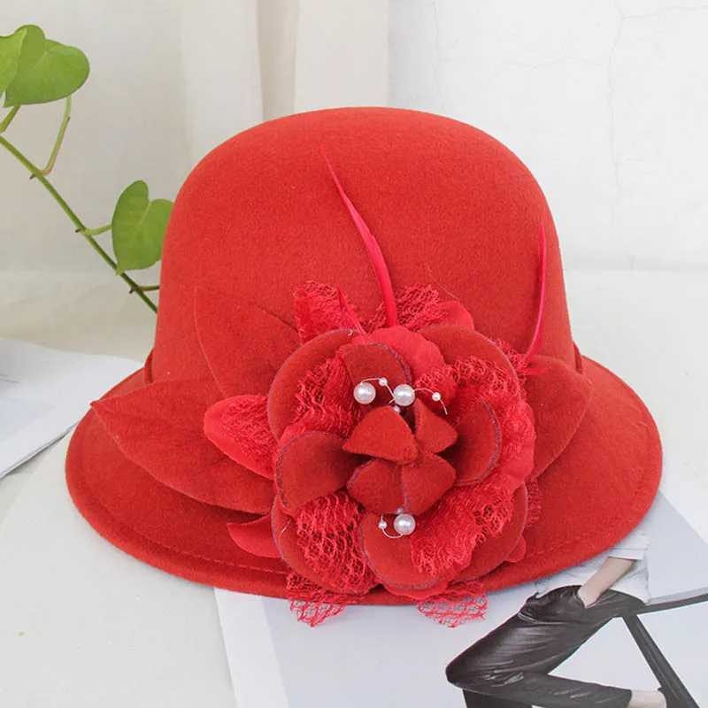 Dark Red Church Hat FS Винтаж для женщин Шерсть фетр Клош Федора шляпа элегантные дамы партии церкви Дерби зимние шапки с цветком розовый фиолетовый Chapeaux - Цвет: Dark Red Church Hat