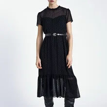 Женское длинное платье Весна Новая мода Флокирование горошек короткий рукав прозрачный материал современные женские черные платья