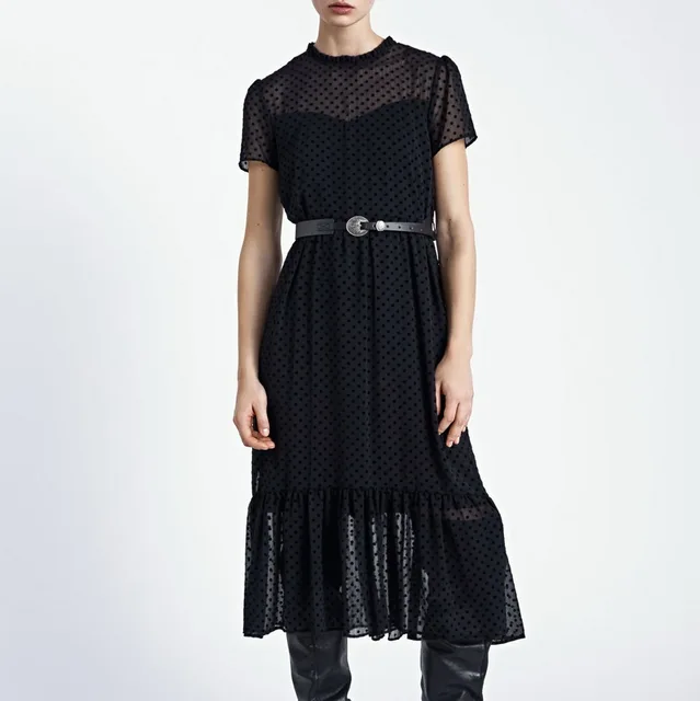 US $15.64 Women Long Dress Spring 2020 New Fashion Flocking Polka Dot Short Sleeve Transparent Material Moder