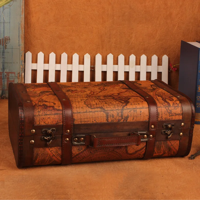 

Vintage Leather Suitcase Storage Box Bar Filming Props Map-Hand Nostalgia Storage Box Collection Decoration