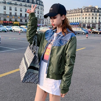 

2020 Spring Patchwork Denim baseball Jacket Turn-down Collar Long Sleeve Personality Loose Women Korean Fashion bomber Coat QT47