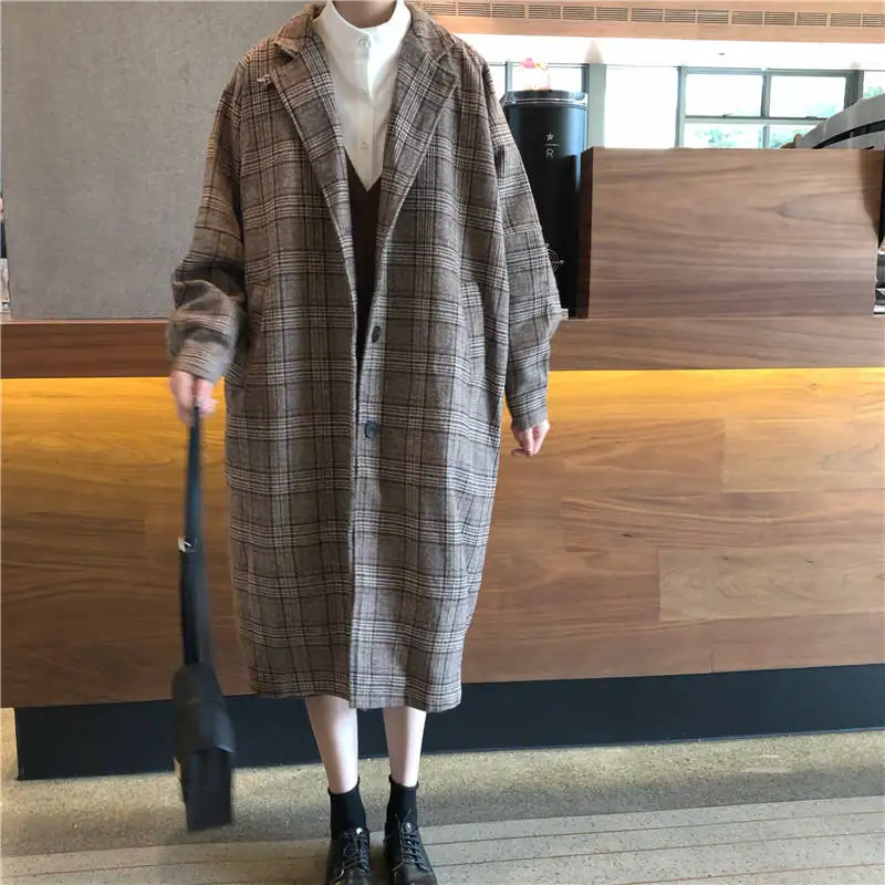 Harajuku шерстяная клетчатая куртка Женская Корейская версия школьного длинного женского пальто зимние свободные теплые куртки для отдыха