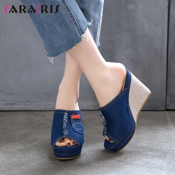 

SARAIRIS 2020 Summer Casual Platform Slides Hot Sale Brand Design Denim Slippers Women Fashion Sweet High Wedges Shoes Woman