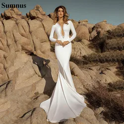 Summus Beading Mermaid Wedding Dresses 2020 Satin Long Sleeves Boho Beach Bridal Dress Robes De Mariee Custom Made