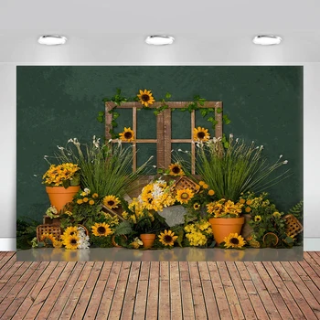 

Photo background Sunflower wooden door vanilla decorative flowers on a green background New photography background cloth