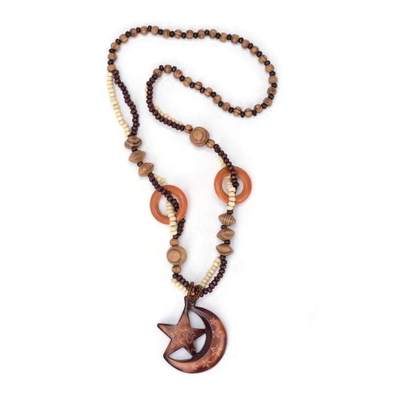 

Exotic Wood Necklace Five-pointed Star Half Moon Pendant Retro Bohemian Ethnic-Style Long Sweater Chain
