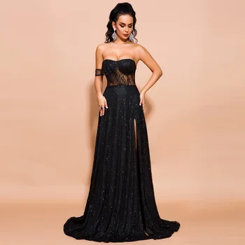 

FJ842B-Sexy mesh party high end dress elegant party solid color long dress