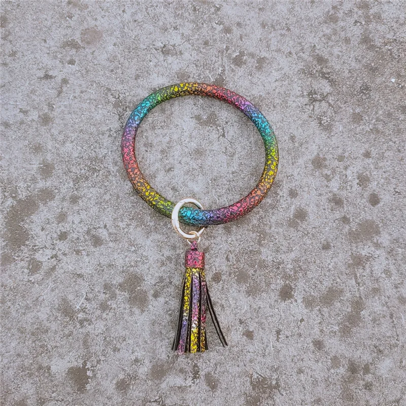 Модный Круглый браслет с кисточками из искусственной кожи с радугой для женщин, модный большой круглый брелок для ключей, аксессуары