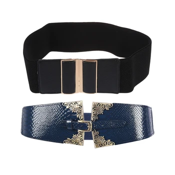 

2Pcs Women Elastic Waistband Wide Waist Belt Retro Metal Buckle Faux Leather - Blue & Black