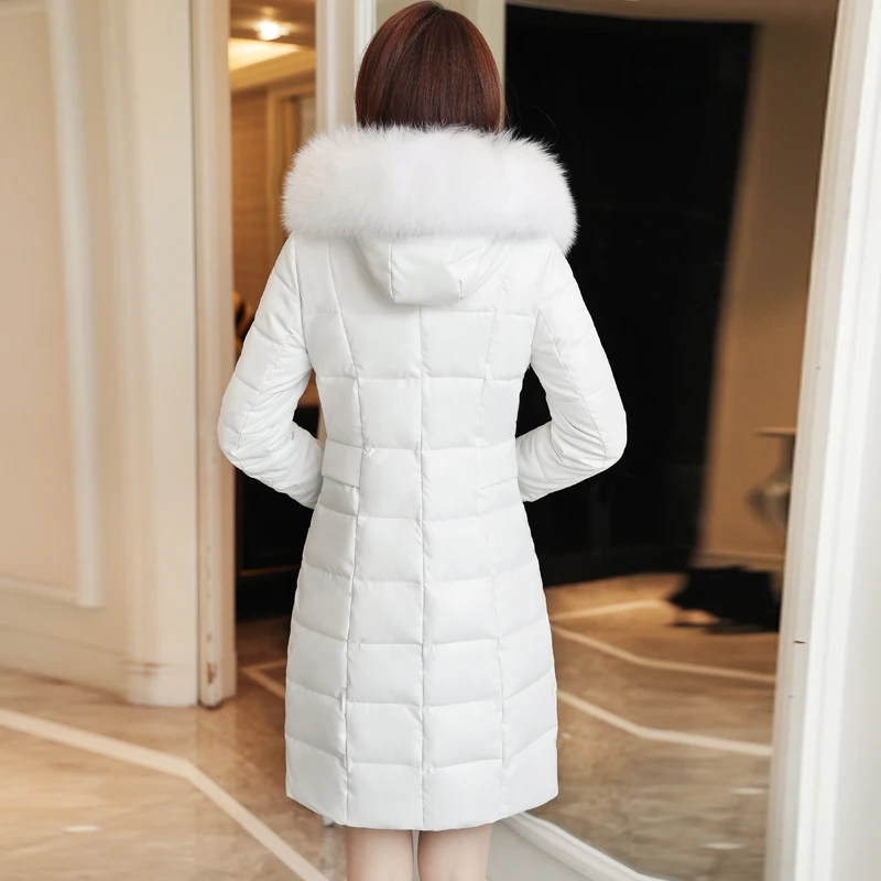 HANZANGL New Winter Women's Leather Down Jacket Korean Version Slim long Fox Fur Collar Fur Coat Women's Clothing