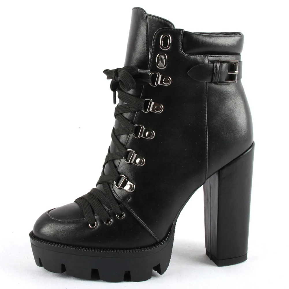 RIBETRINI/женские ботильоны на платформе в римском стиле; ботинки на высоком каблуке; обувь на шнуровке с круглым носком; женская обувь; цвет розовый, черный; большие размеры 36-43 - Цвет: Черный