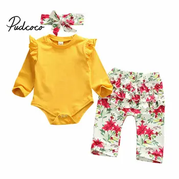 

Brand 3pcs Infant Newborn Baby Girl Clothes long sleeve ruffle Romper +floral Long Pants +headband Outfits clothes set 0-24m