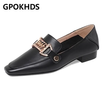 

GPOKHDS 2021 Women Pumps Cow Leather Spring/Autumn Square toe Metal decoration high heels female Pumps size 40