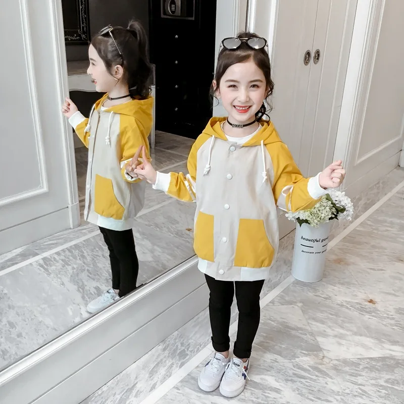 Длинный плащ с цветными вставками для девочек, стиль, повседневный Тренч с капюшоном в Корейском стиле для больших мальчиков детская одежда