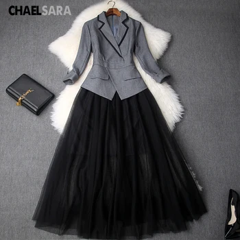 

Spring Autumn Office Blazer Dress Women Elegant 3/4 Sleeves Notched Suit Patchwork Midi Party Tulle Dresses