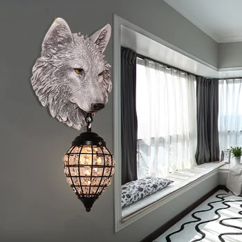 

52cm Nordic Resin Retro Wolf Head Wall Lamp Modern Led Wall Sconce Home Loft Bedroom Bedside Home Decor Wall Light R3750
