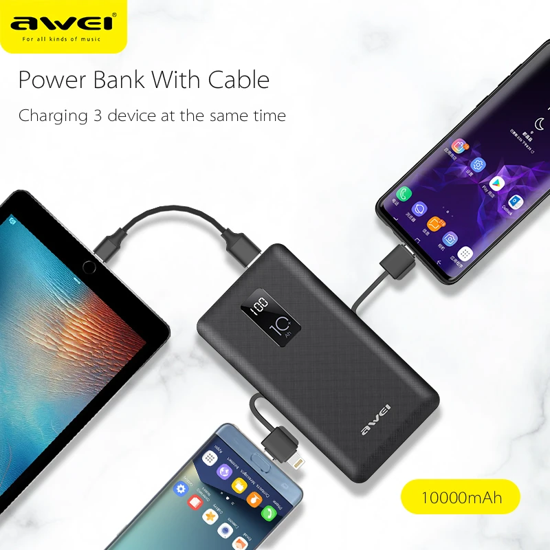 AWEI P8K 10000mAh LED Display Power Bank Fast Charging With Charging Cable Type-C ,Micro USB Port For All Kinds of Phone AWEI P8K 10000mAh LED Display Power Bank Fast Charging With Charging Cable Type-C ,Micro USB Port For All Kinds of Phone