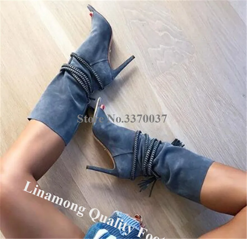 Linamong модные открытый носок, замшевые туфли со шпилькой, каблук, высота до середины голени, сапоги-гладиаторы с переплетенными веревками длинные, с высоким каблуком сапоги Туфли под платье
