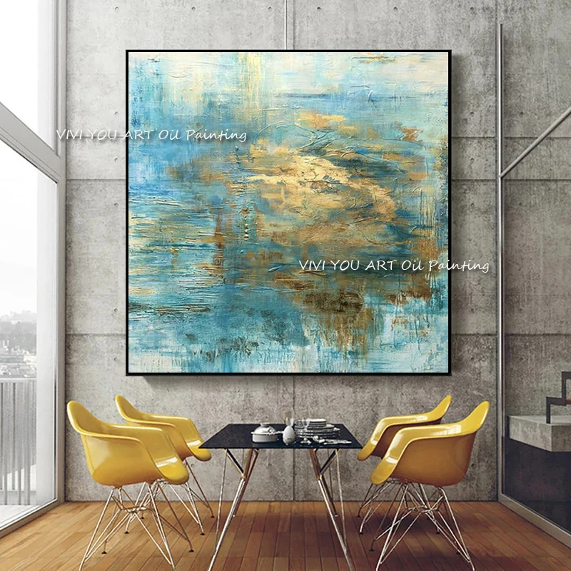 

Large size wall blue abstract oil painting simple 100% handmade art decorative for living room decoration golden painting