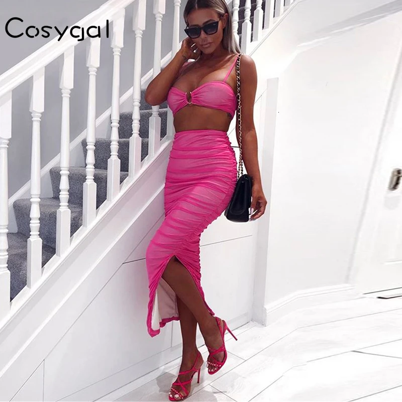 

COSYGAL 2019 New Summer Mesh Dress Women Two Piece Sleeveless Sexy Bodycon Dress Club Bodycon Party Dresses Long Dress Vestidos