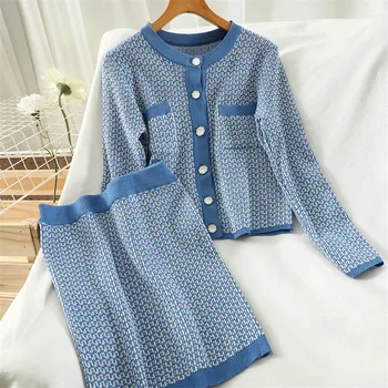 

2020 New Autumn Winter Knitted Sweater 2 Piece Set Women Skirt And Top Cardigan + Mini Bodycon Skirts Two Piece Sets Outfit