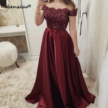 

Vestidos De Gala 2019 Elegant Boat Neck Evening Dresses Long Sexy Burgundy Off the Shoulder A-Line Formal Party Dress with Belt