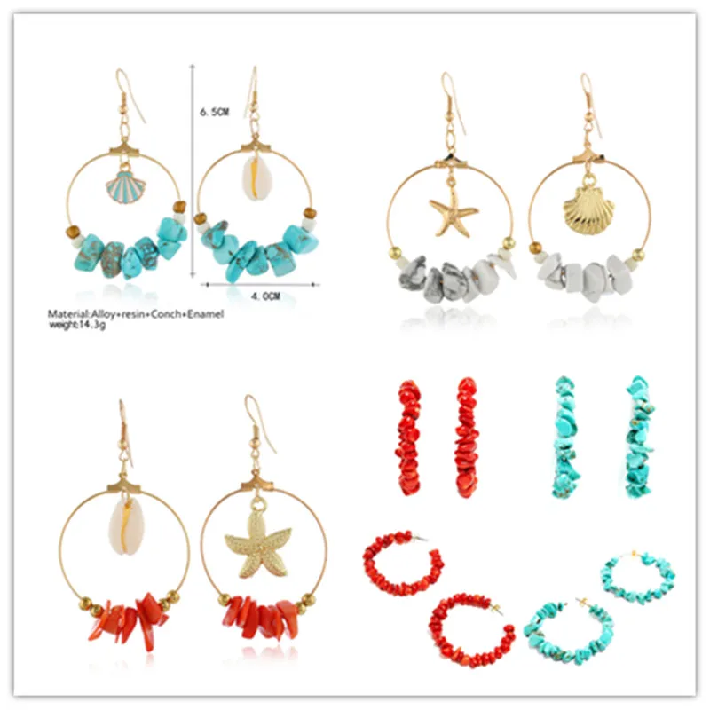 

European and American fashion metal Joker simple circle Songshi Starfish Seashells Joker Temperament Earrings Asymmetric Earring