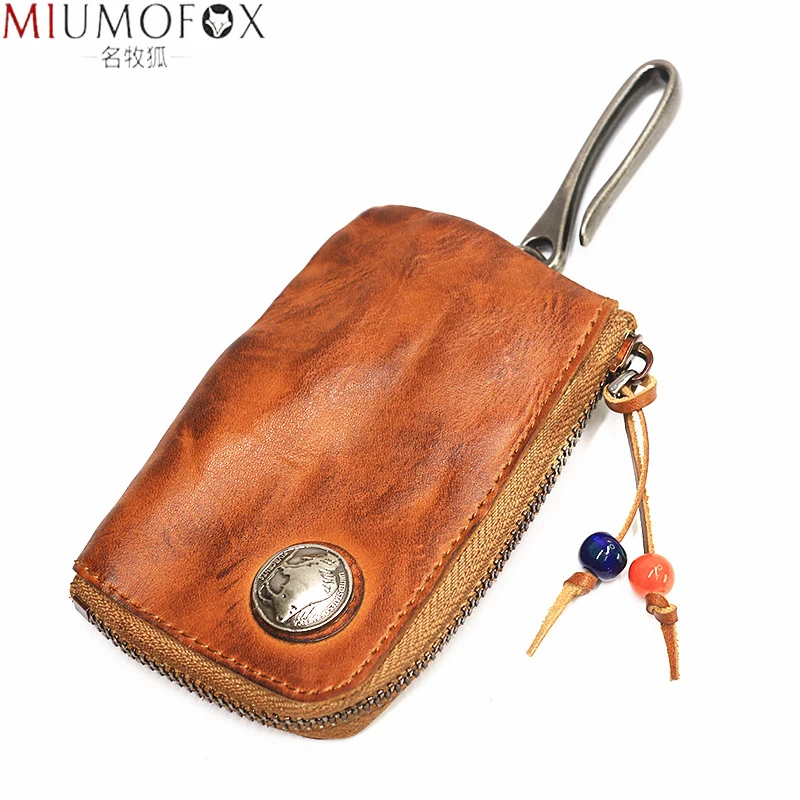 Cartera de cuero Original para hombre, cartera corta Vintage hecha a mano con cremallera para llaves de coche, monedero, estuche para tarjetas, organizador de bolsas, ama de llaves