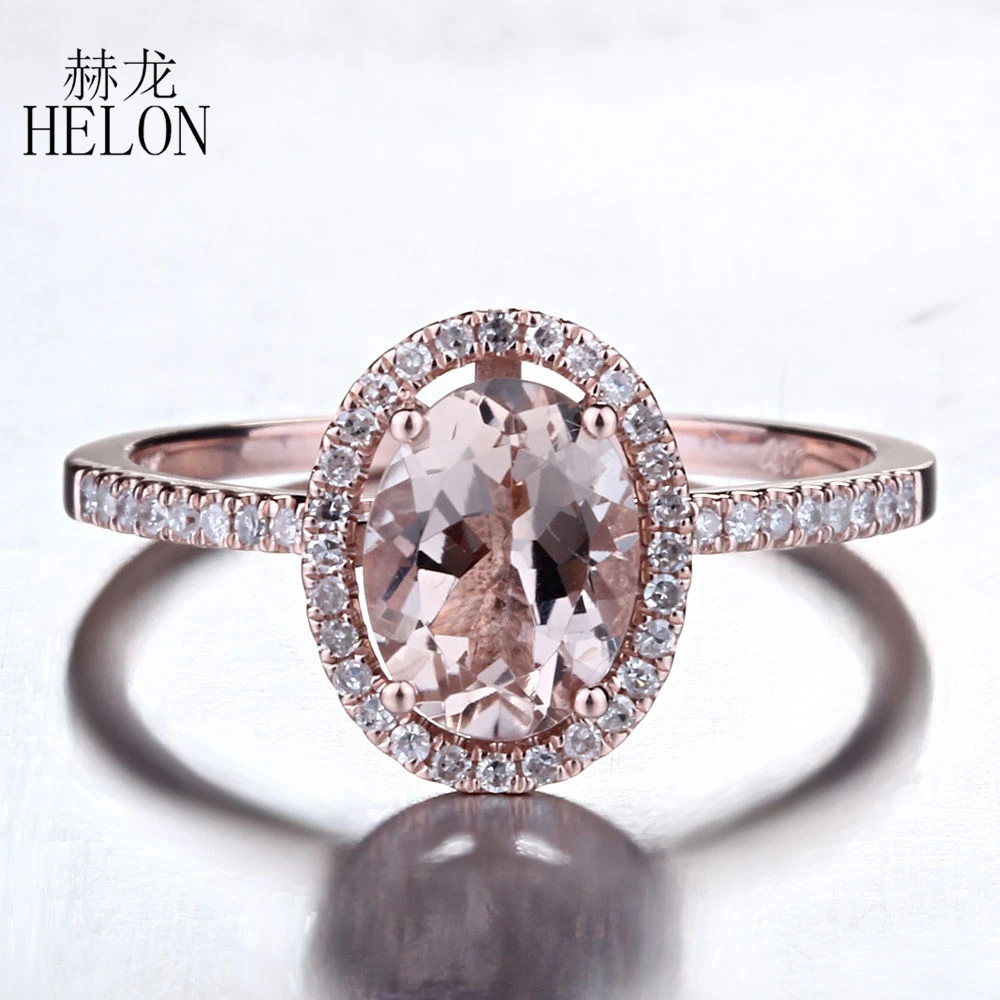 

HELON Real 14k Rose Gold Oval 6x8mm Natural Morganite Ring Halo Pave Natural Diamond Engagement Wedding Women Fine Jewelry Ring