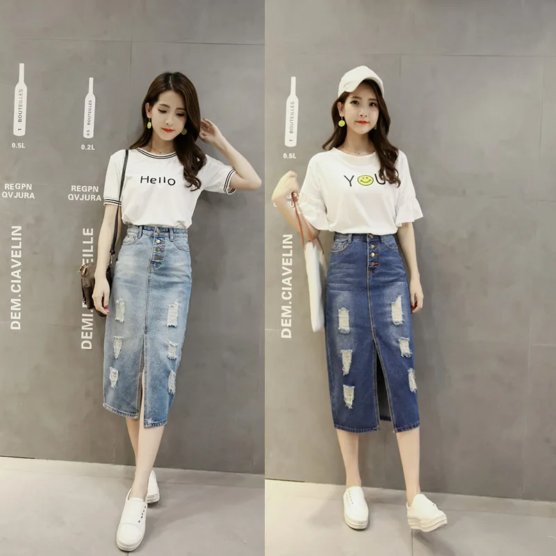 

2019 Spring And Autumn Photo Shoot High-waisted Versatile Straight-Cut Grinding with Holes Slit Hemline at Hem Denim Skirt Skirt