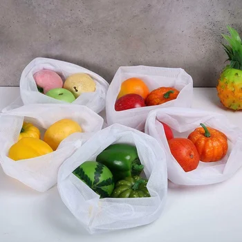

5pcs Reusable Mesh Bags Vegetable Fruit Drawstring Net Storage Pockets Kitchen Product Organizer Pack