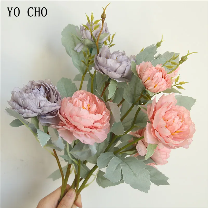 Йо Чо пион букет Искусственный 3 головы Пион Искусственные цветы из шелка розовый белый романтический домашний Свадебный декор Цветочная композиция