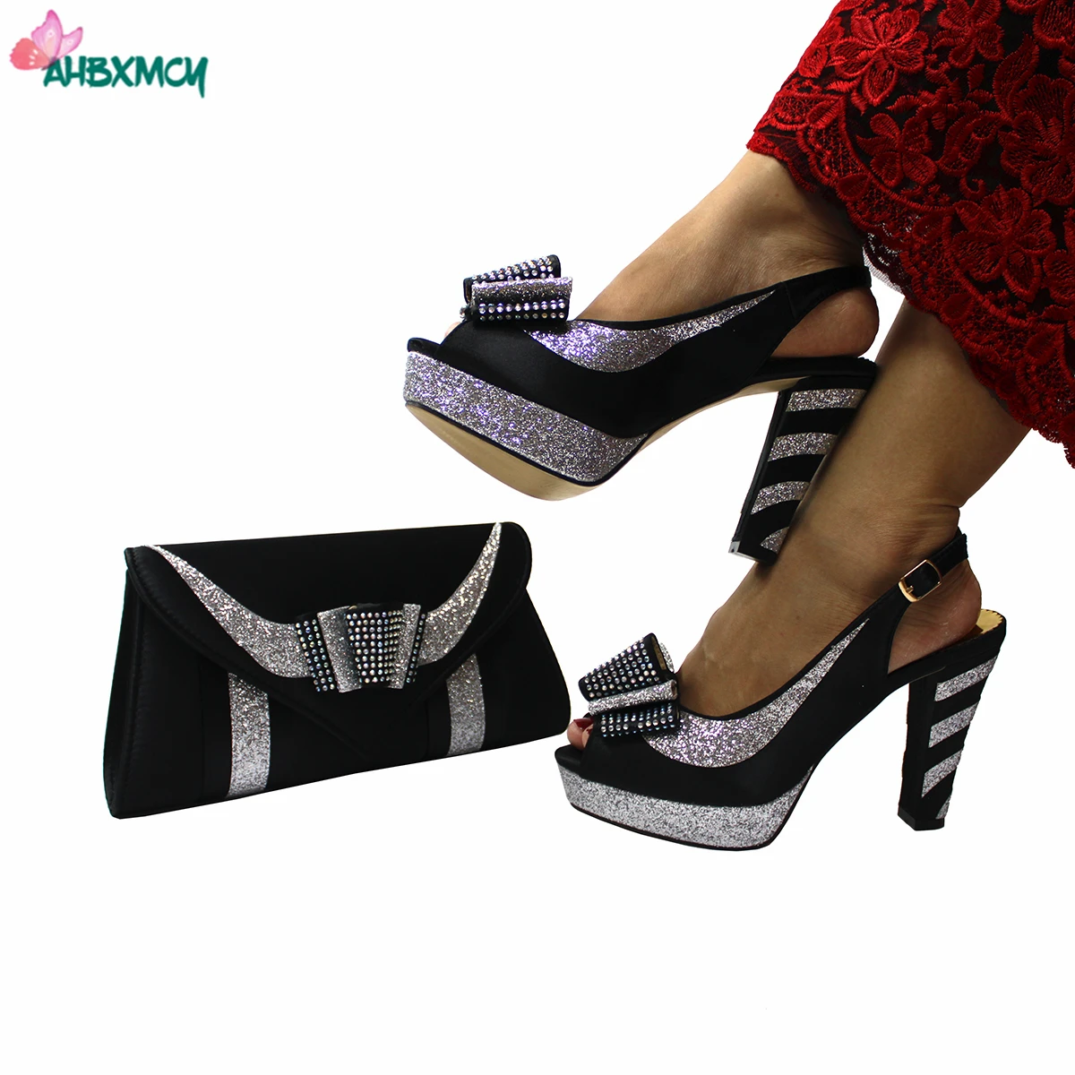 

Elegant Style New Coming High Quality African Women Shoes Matching Bag Set in Black Color Mature Style Slingbacks Sandals