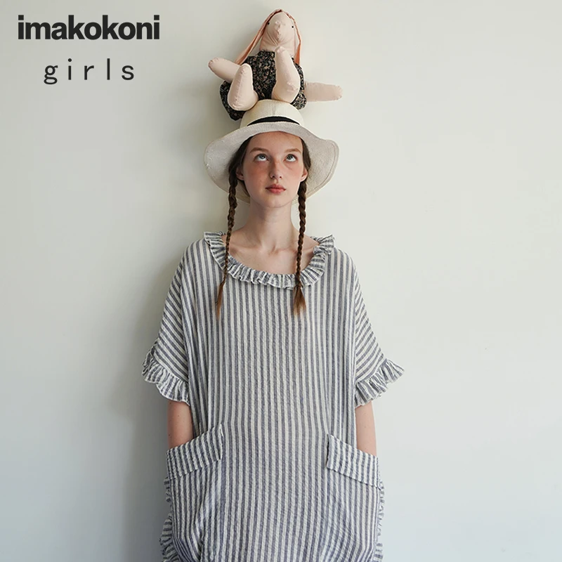 Платье Imakokoni в сине-белую полоску оригинальный дизайн свежие и свободные женские