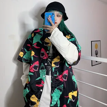 

NiceMix harajuku vintage womens shirt plus size Korean women tops Hong Kong style hip hop printed 2020 new preppy student shirts